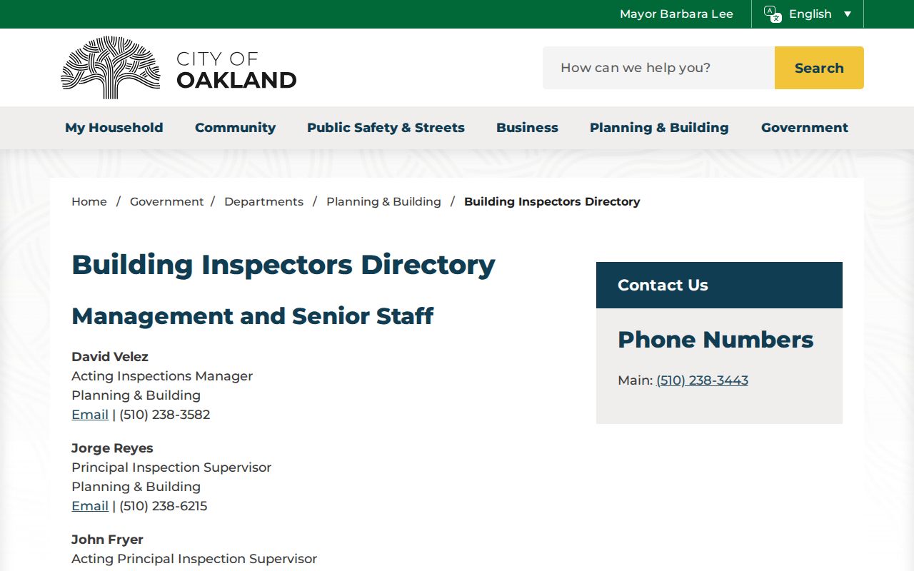 Oakland people directories building inspector roster