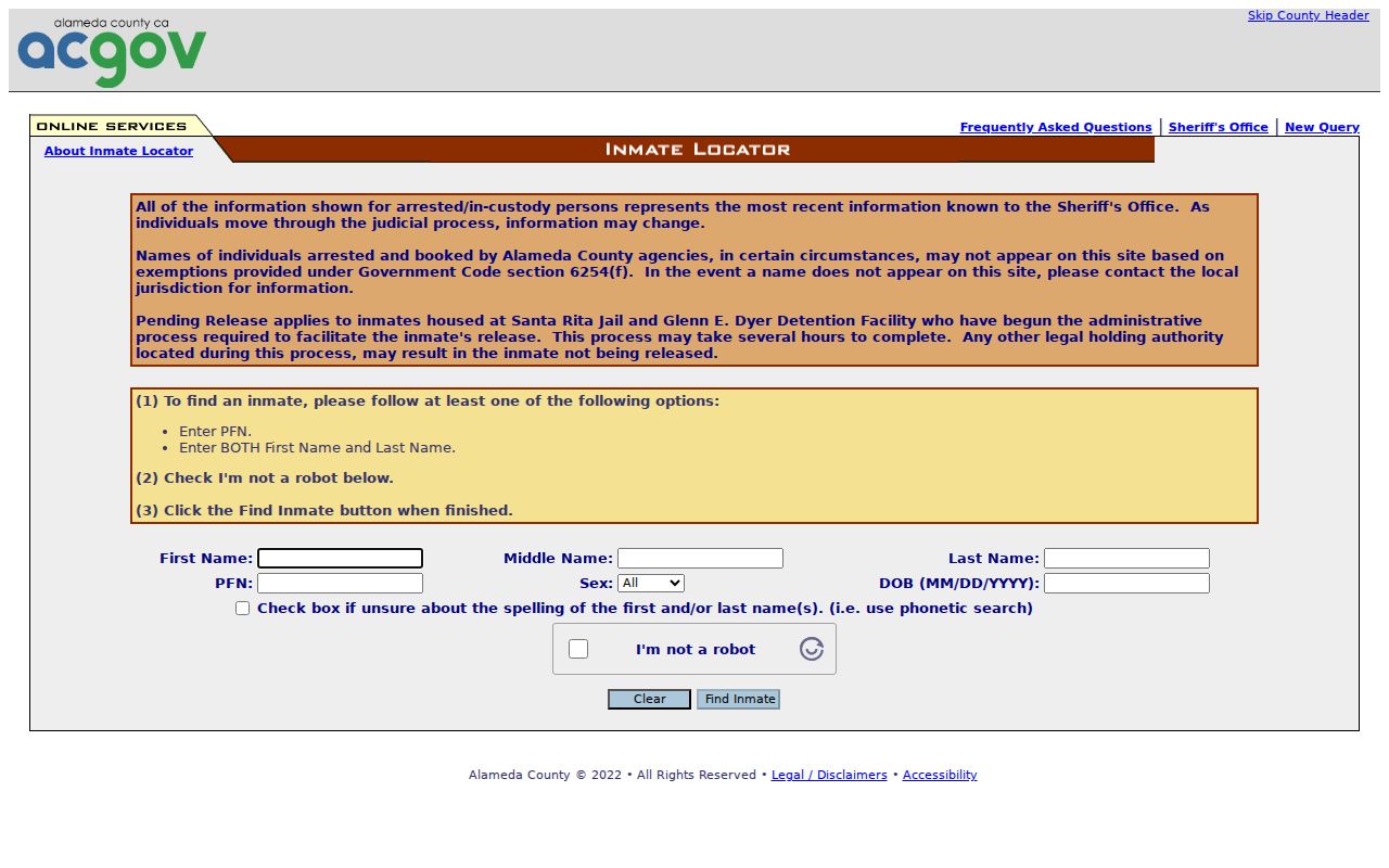 Oakland public records Alameda County inmate locator