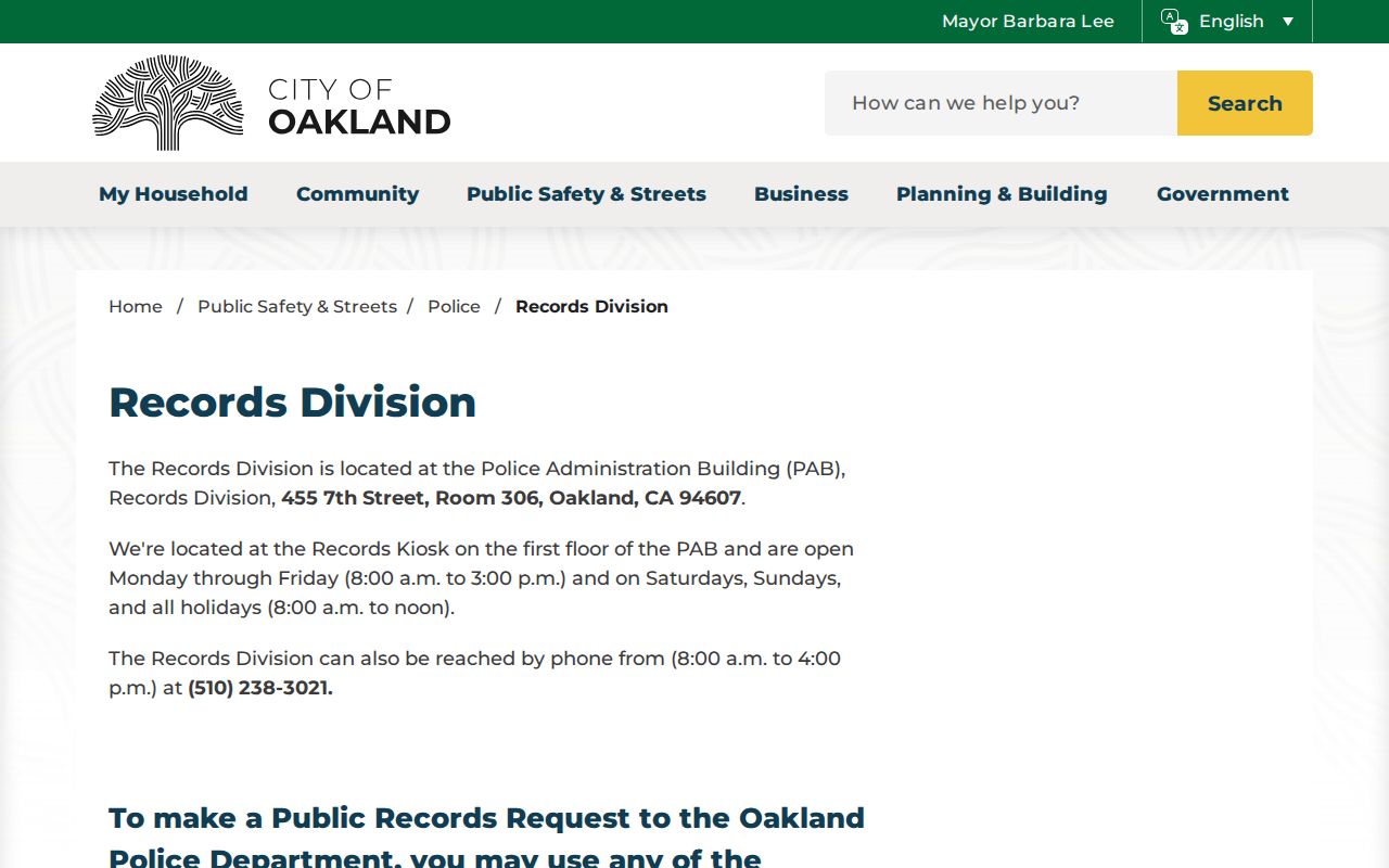 Oakland public records Police Records Division access channels