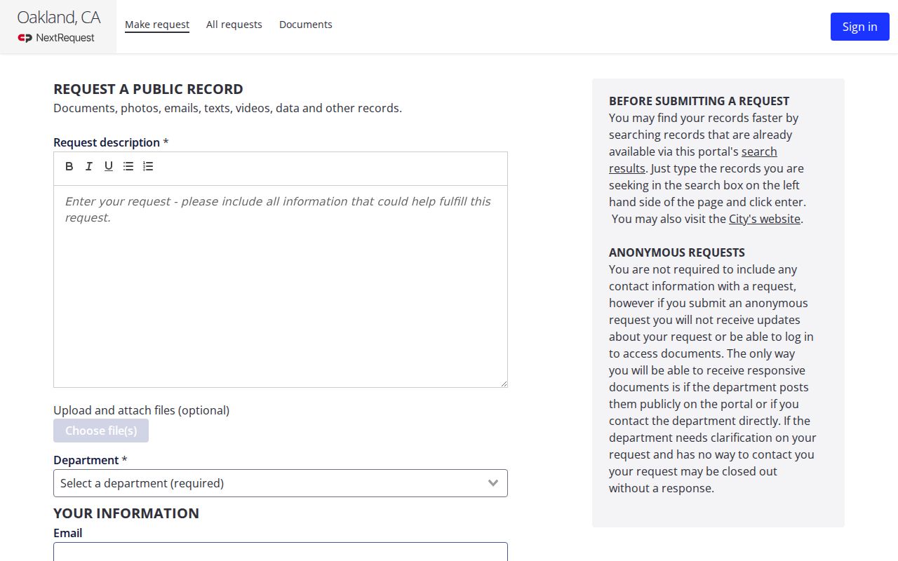Oakland public records NextRequest submission form